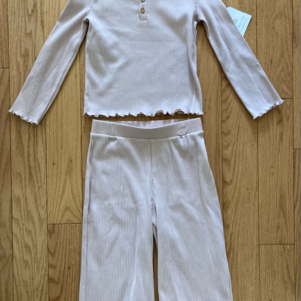 Kids Cream Ribbed Matching Set 4T